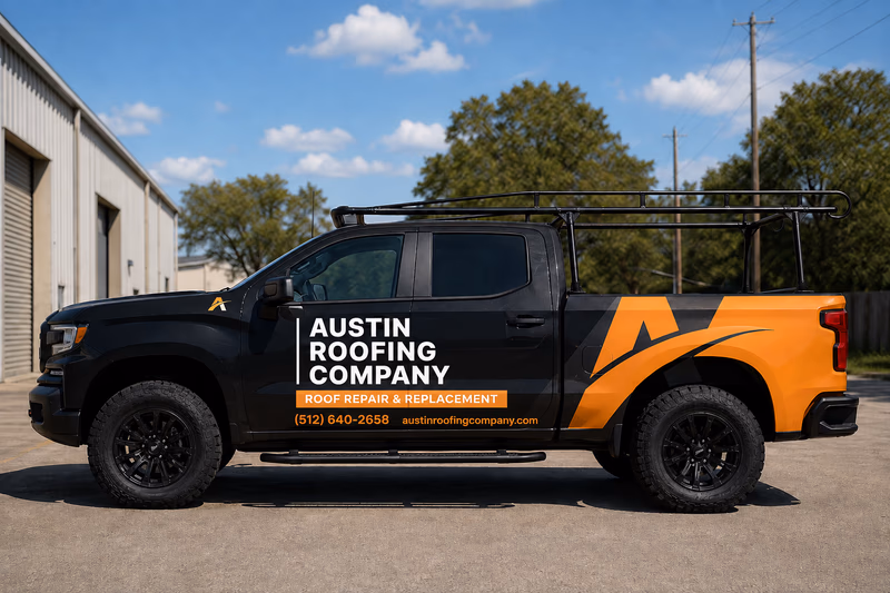 Austin Roofing Company work vehicle