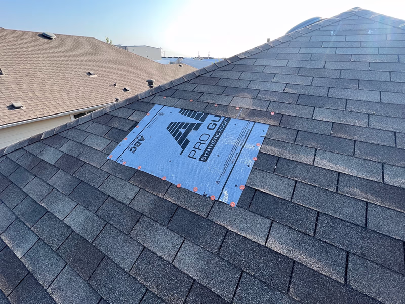 Emergency roof tarping by Austin Roofing Company: synthetic underlayment cap-nailed over storm-damaged shingles on an Austin shingle roof